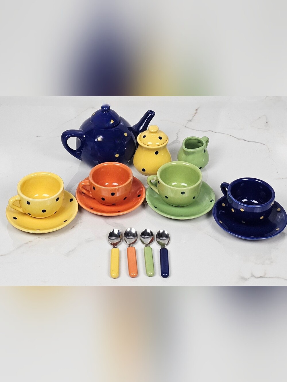 Vintage Polka Dot Porcelain Tea Set 17 Pc Children's Miniature Pretend Play Toy